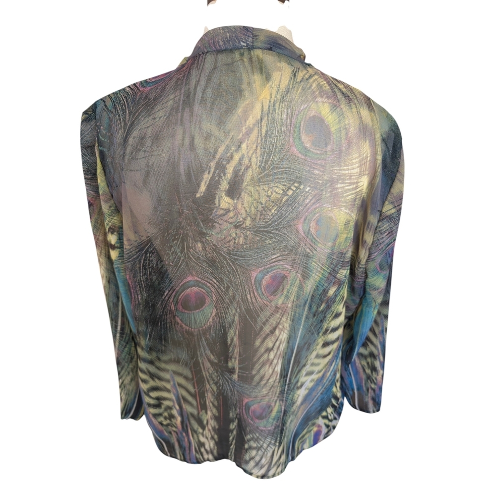 Chenault sheerchiffon peacock Kimono jacket duster, W/ knot/tie front. Medium. - Picture 9 of 16